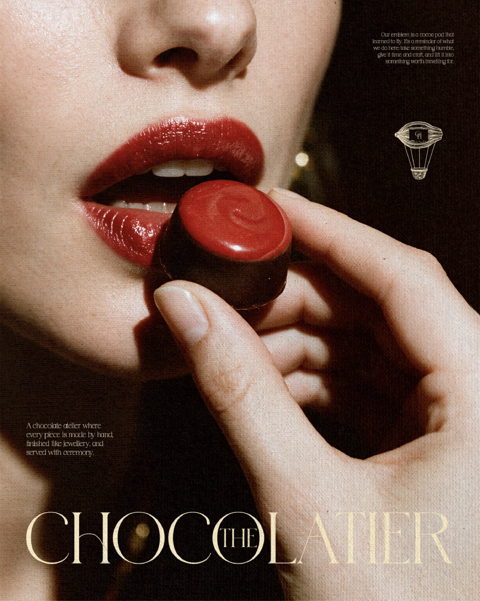 The Chocolatier chocolate-and-red-lips composition with fine ivory lettering