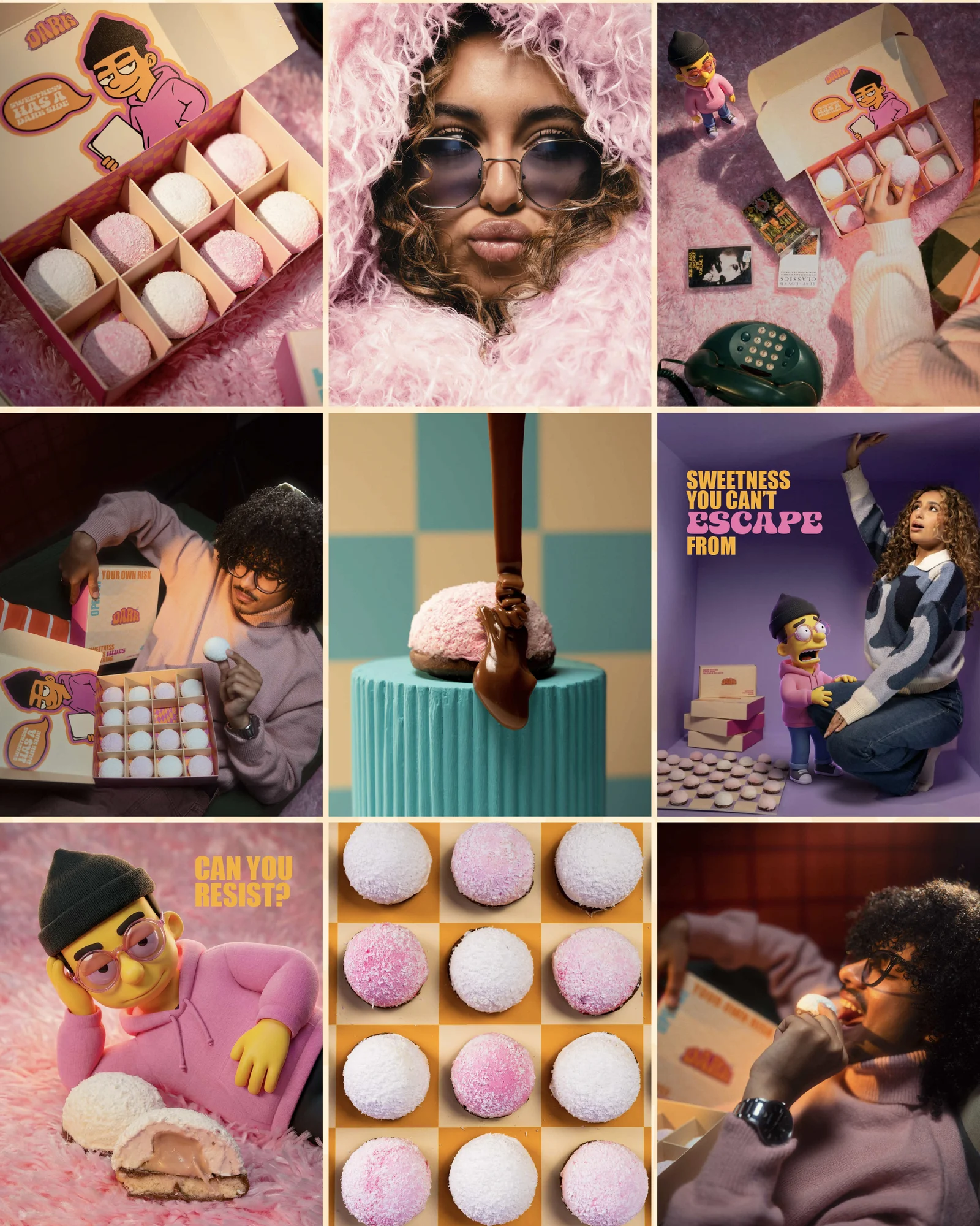 Nine-panel DARK collage of mochi, packaging, portraits and illustrated characters