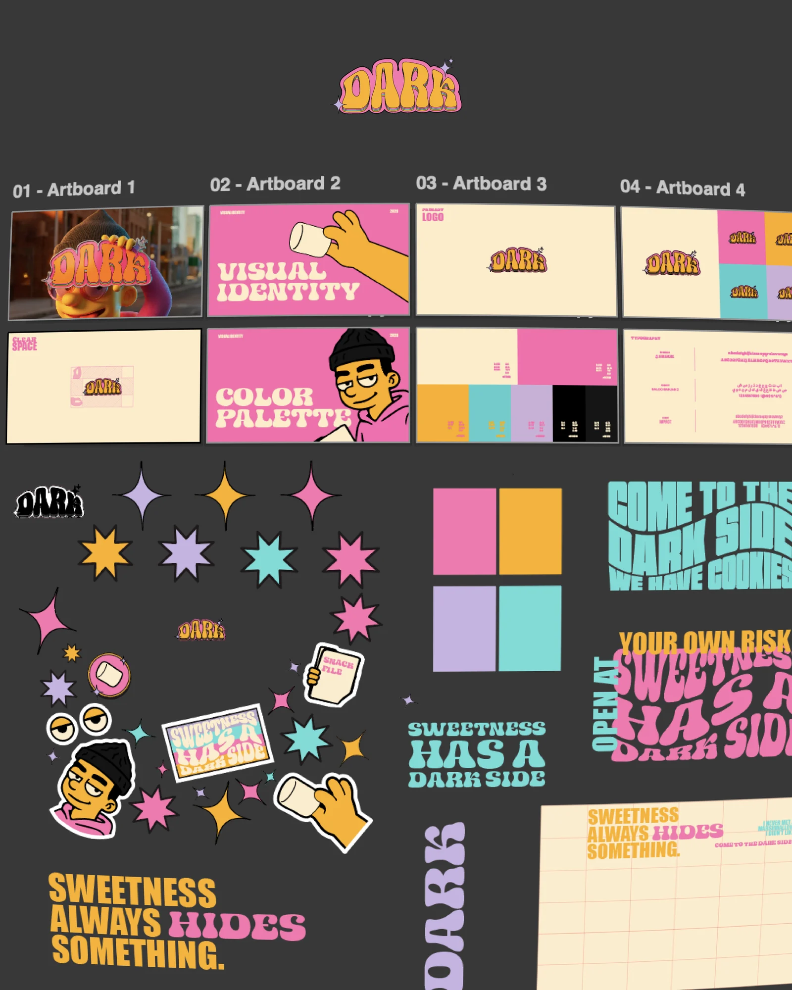 DARK visual board with lettering, illustrated characters, stars and colour swatches