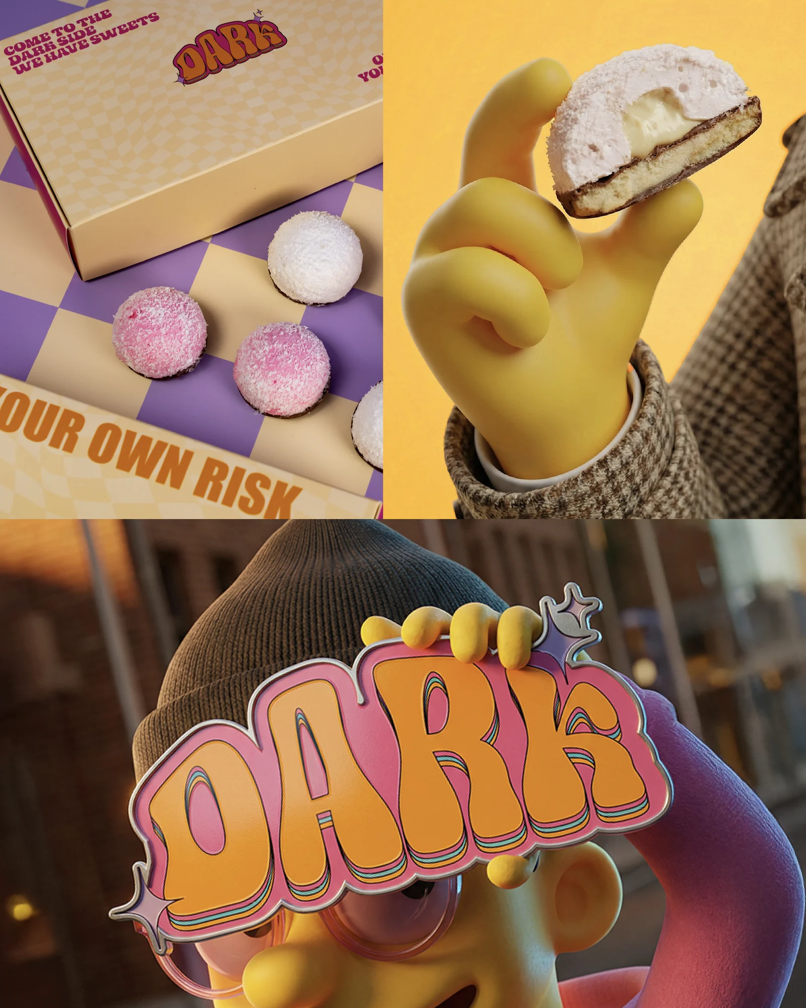 DARK triptych showing mochi, a yellow-gloved hand and a character holding the colourful wordmark